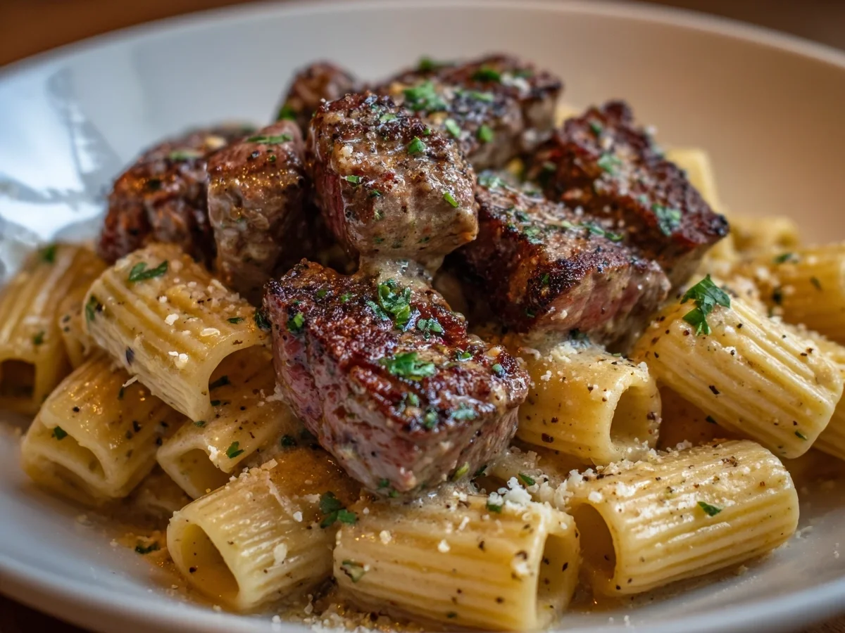 Cajun Steak Tips with Cheesy Rigatoni Parmesan Sauce - Image 1