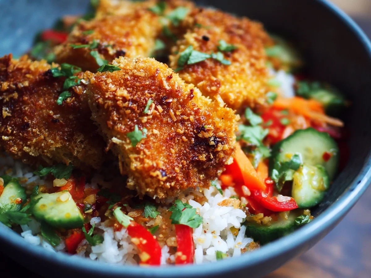 Crispy Coconut Tofu Bowl with Mango Salsa - Image 1