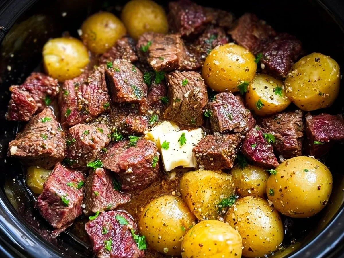Crockpot Garlic Butter Beef Bites with Potatoes - Image 1