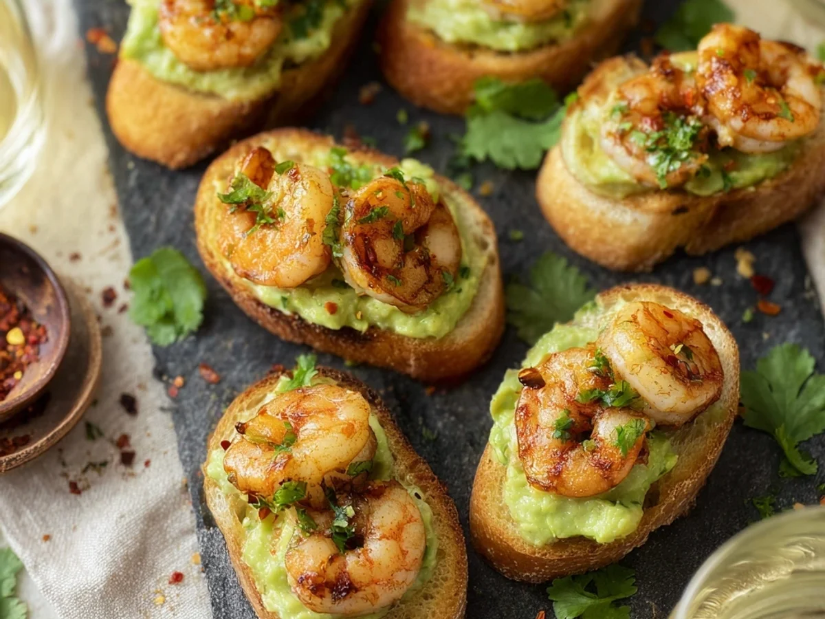 Fresh Garlic Shrimp & Avocado Crostini Appetizer - Image 1