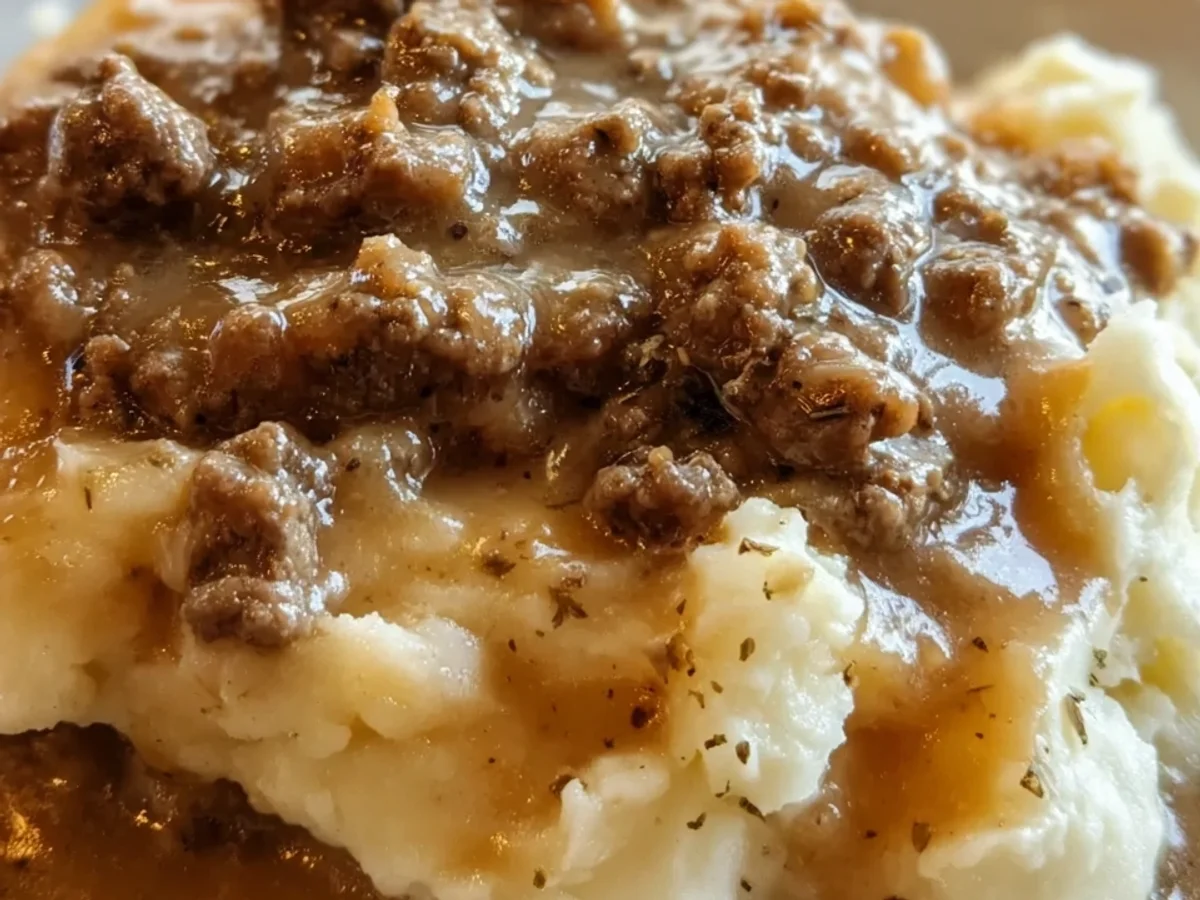 Hearty Hamburger Gravy Over Creamy Mashed Potatoes - Image 1