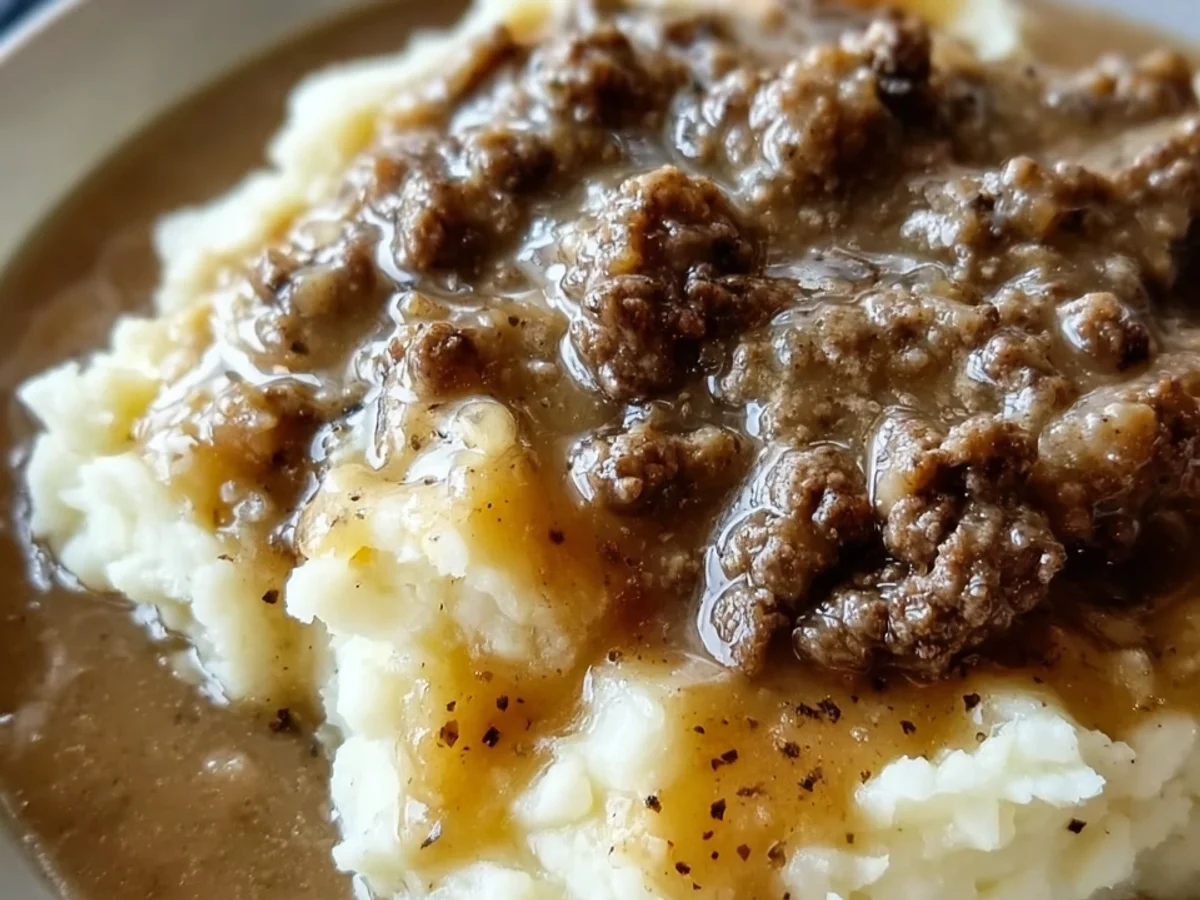 Hearty Hamburger Gravy Over Creamy Mashed Potatoes - Image 2
