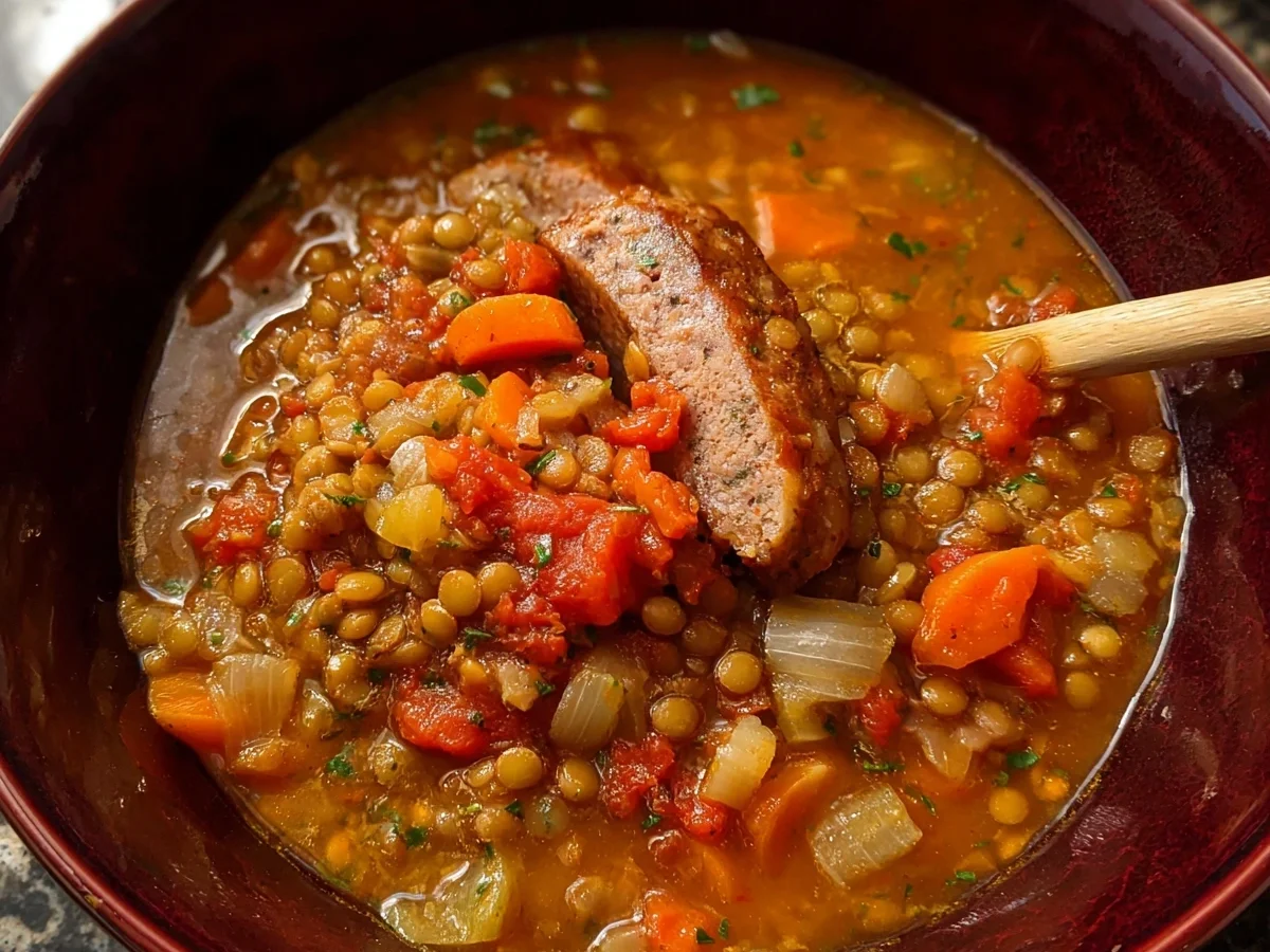 Hearty Slow Cooker Beef Sausage & Lentil Soup - Image 1