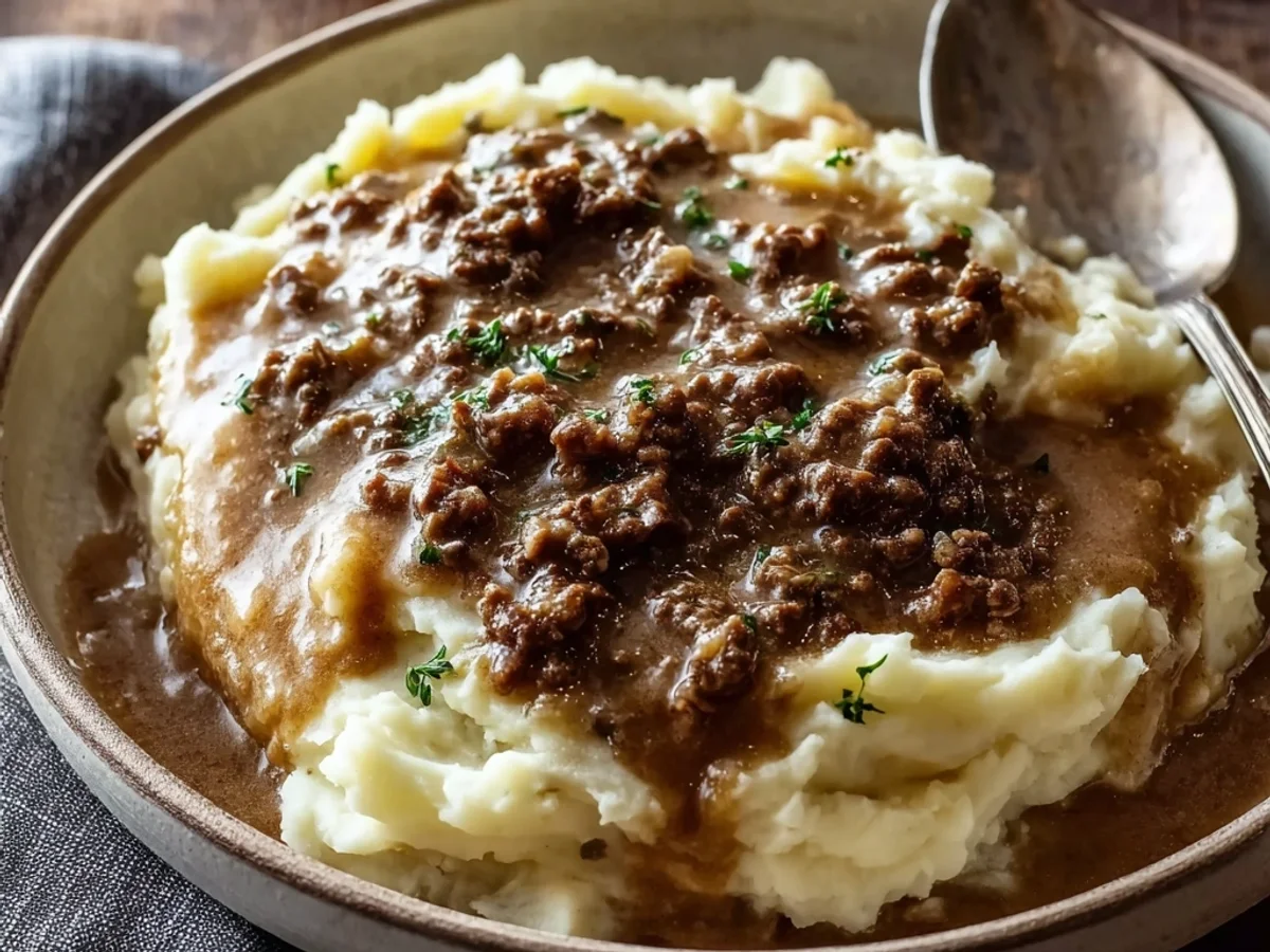 Homestyle Hamburger Gravy Over Mashed Potatoes - Image 1
