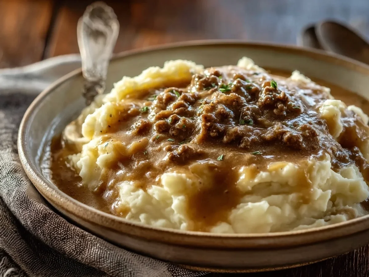 Homestyle Hamburger Gravy Over Mashed Potatoes - Image 2
