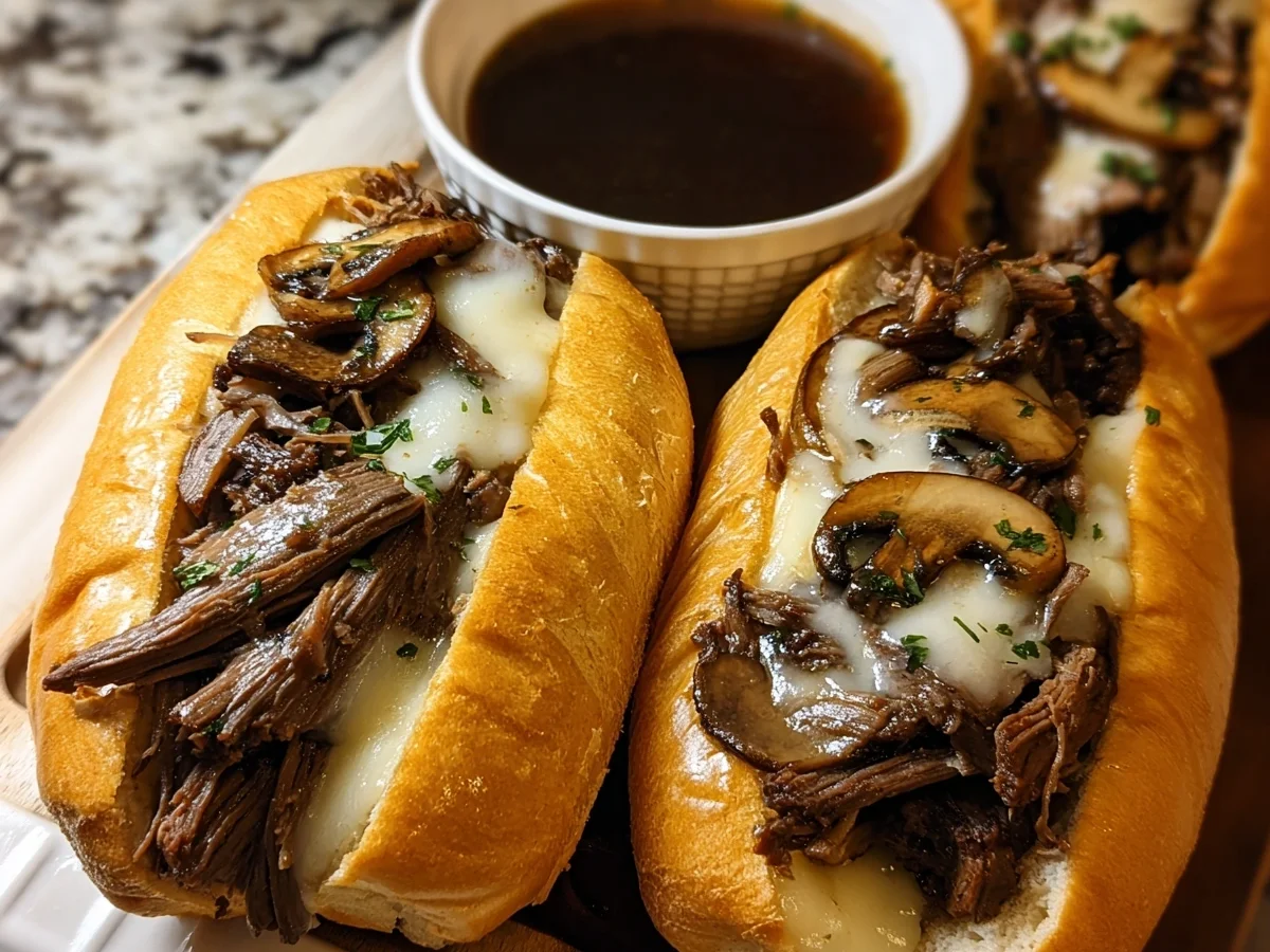 Slow Cooker French Dip Sandwiches with Garlic Mushrooms - Image 1
