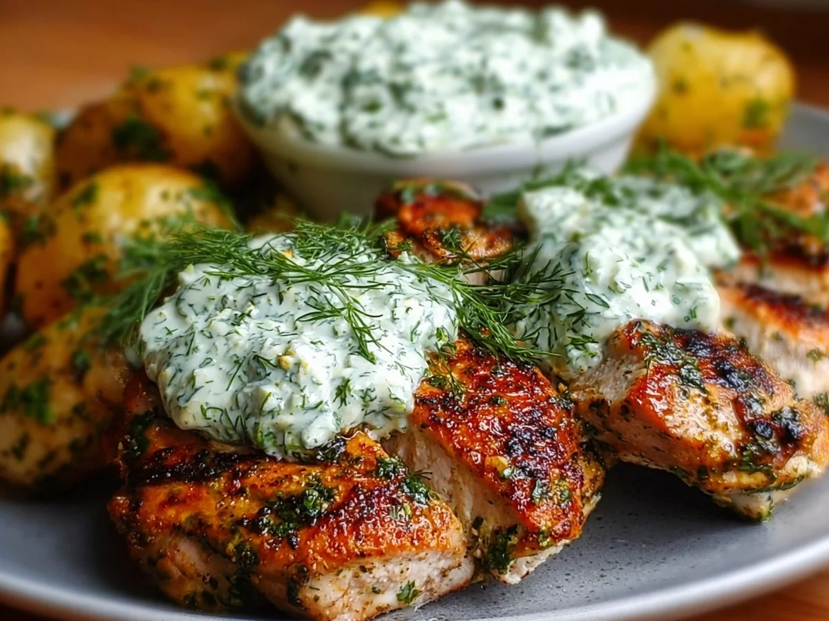 Spicy Yogurt Chicken Thighs with Dill Feta Cream - Image 1