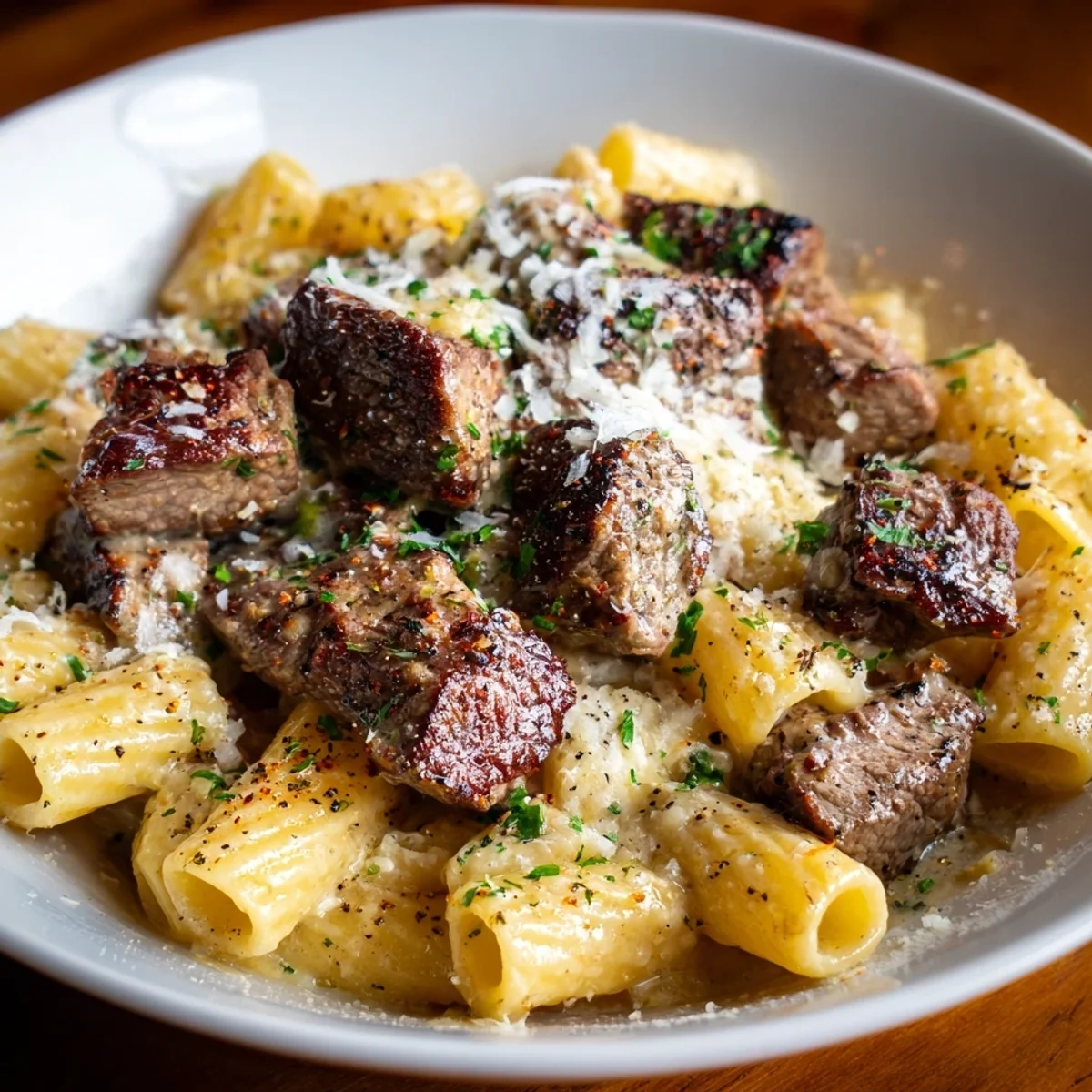Cajun Steak Tips with Cheesy Rigatoni Parmesan Sauce