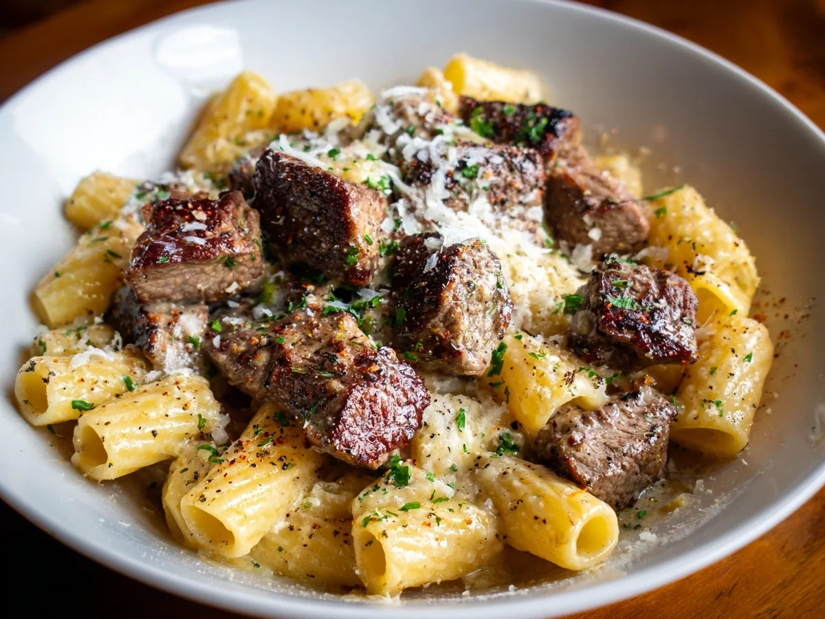 Cajun Steak Tips with Cheesy Rigatoni Parmesan Sauce - Featured Image