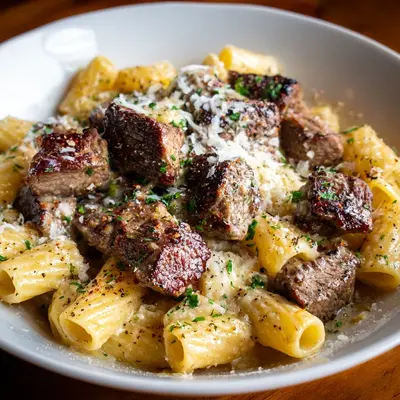 Cajun Steak Tips with Cheesy Rigatoni Parmesan Sauce