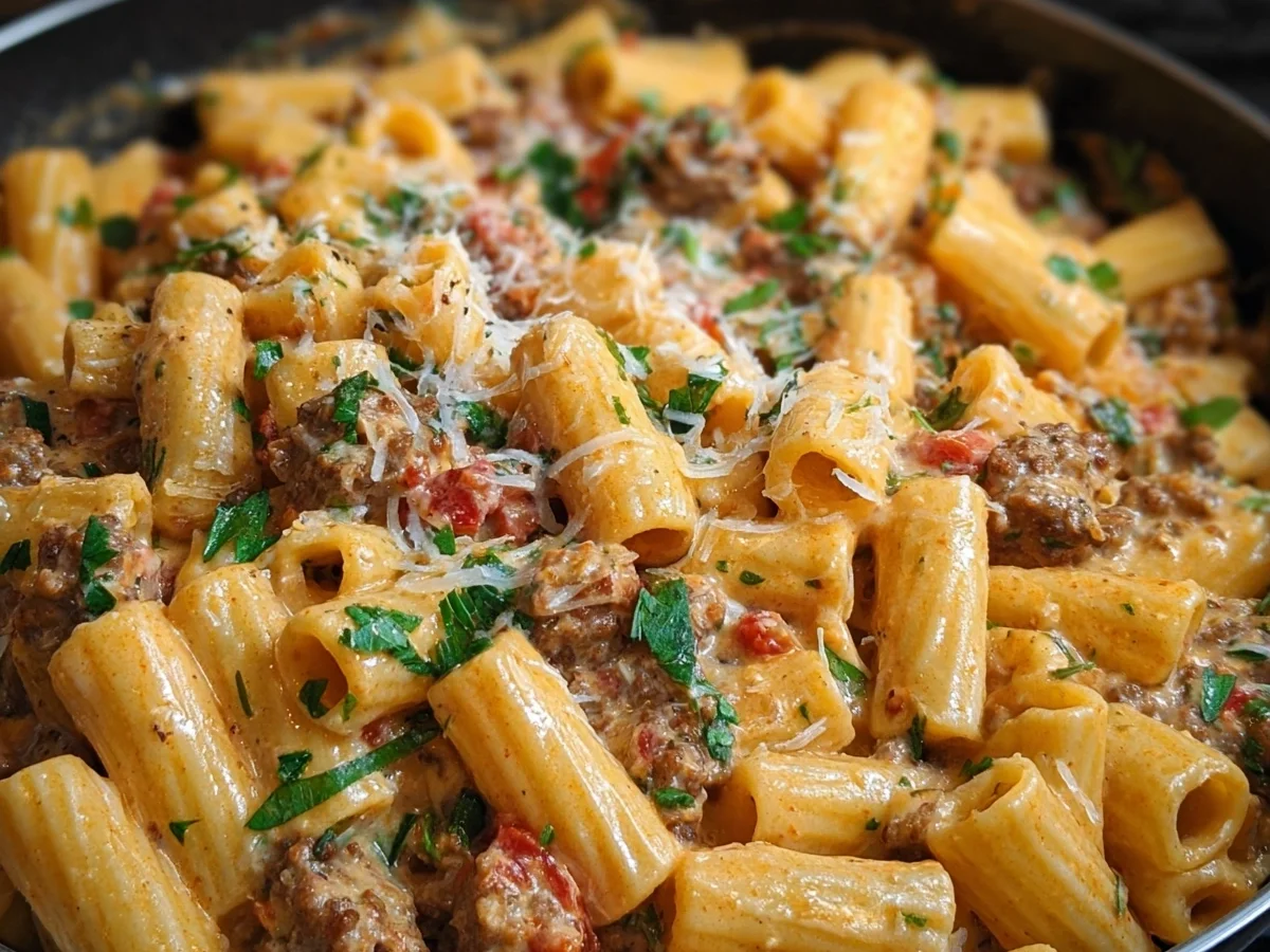 Creamy Beef Sausage Rigatoni Recipe - Featured Image