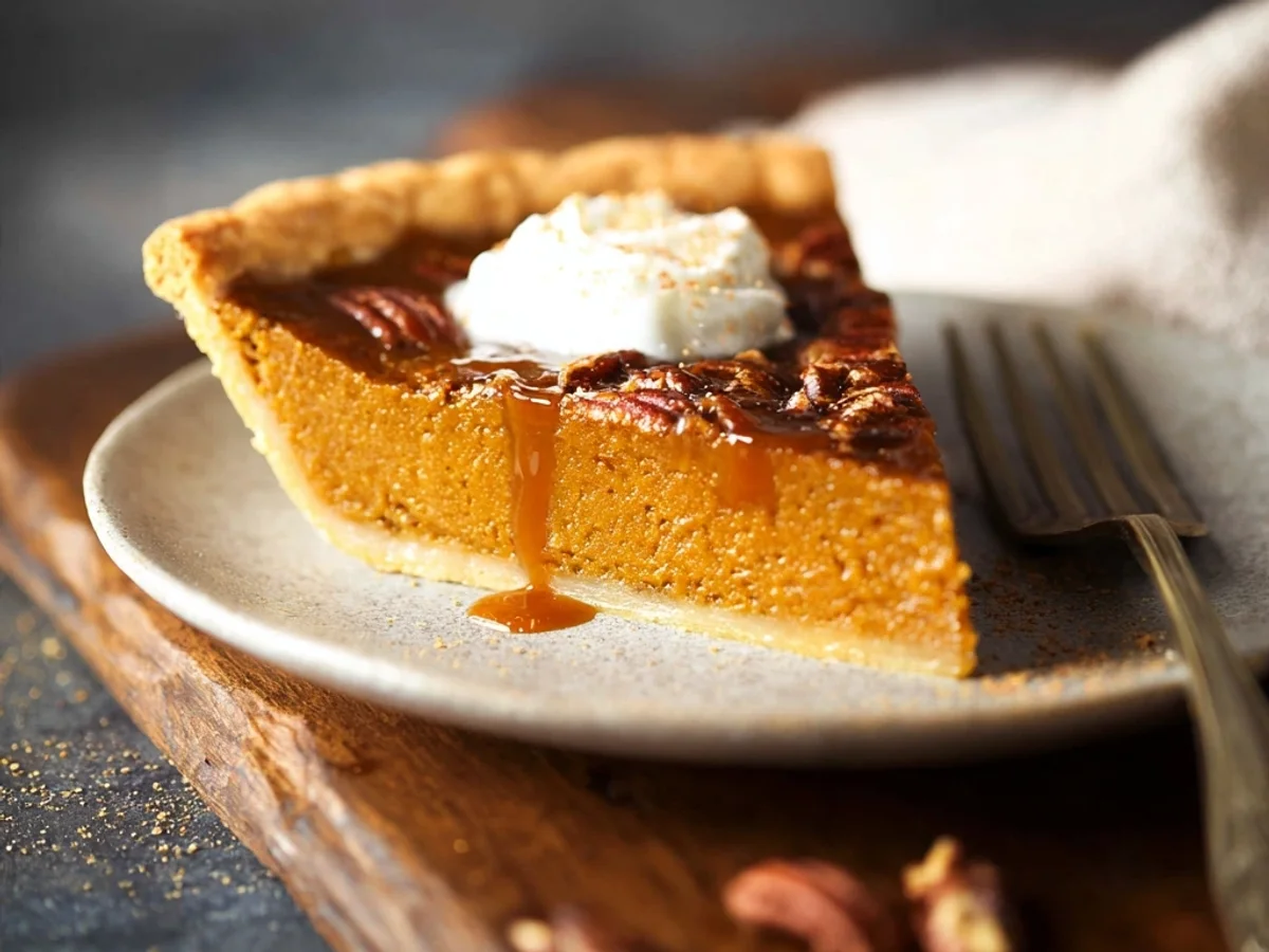 Creamy Pumpkin Pie with Caramel Pecan Crunch - Featured Image