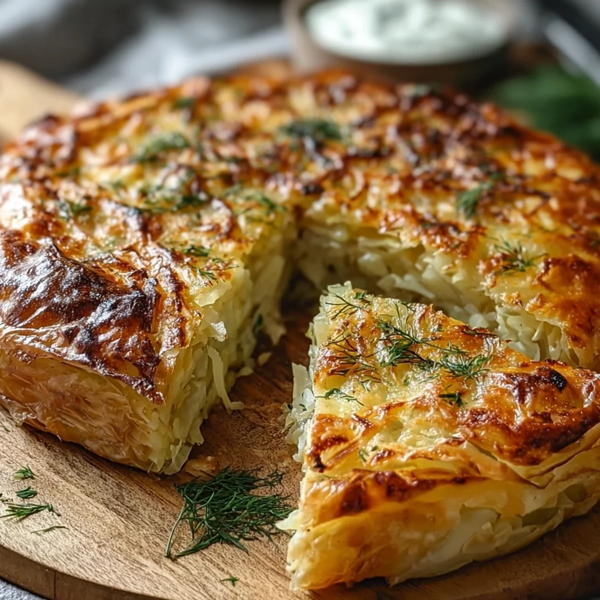 Crispy Cabbage Pie with Dill Cream Sauce