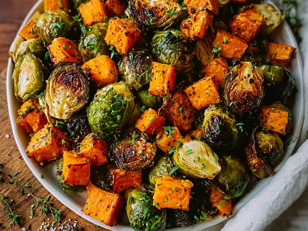 Crispy Roasted Brussels Sprouts & Sweet Potatoes Recipe - Featured Image