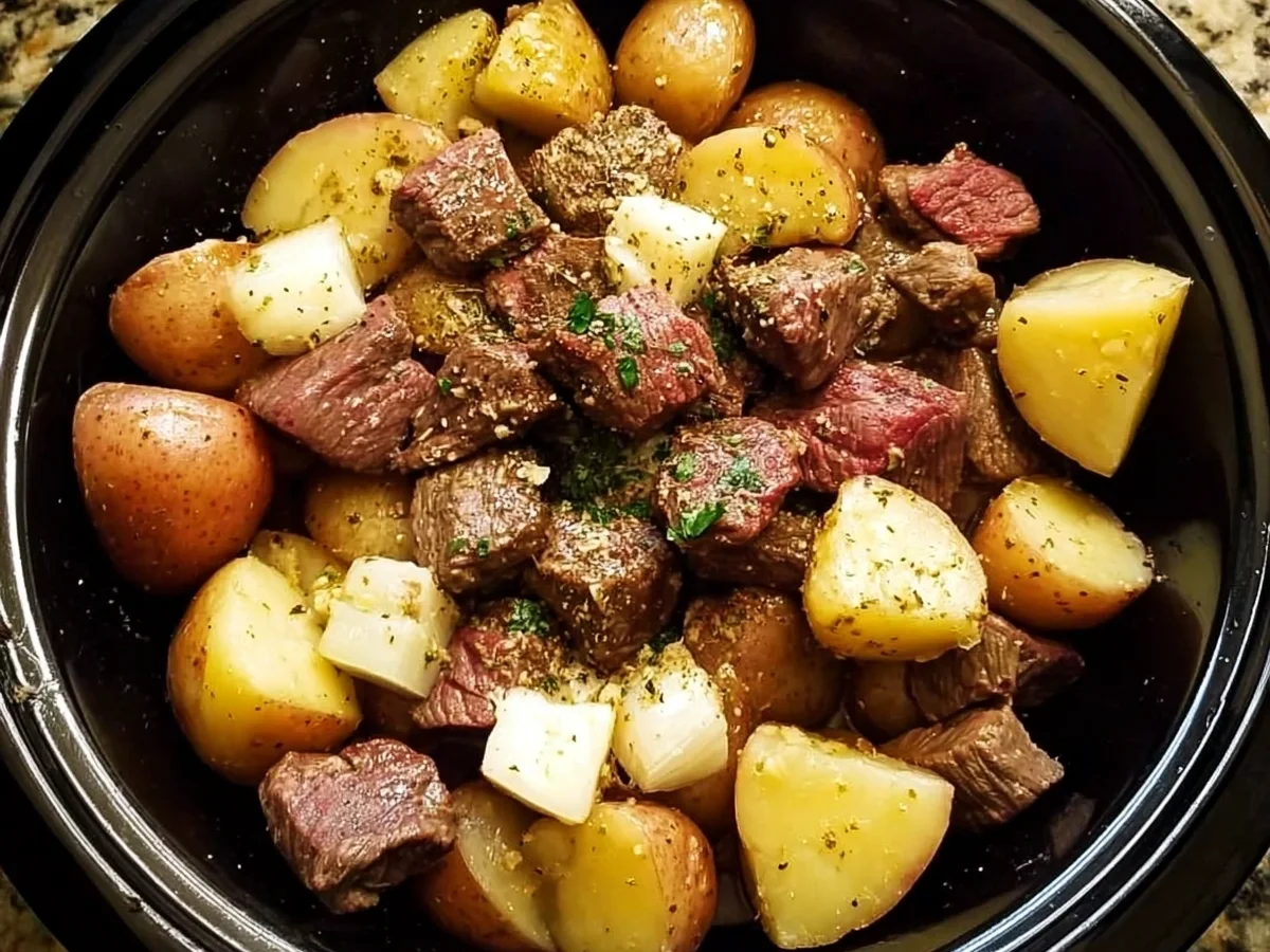 Crockpot Garlic Butter Beef Bites with Potatoes - Featured Image