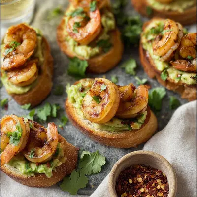 Fresh Garlic Shrimp & Avocado Crostini Appetizer