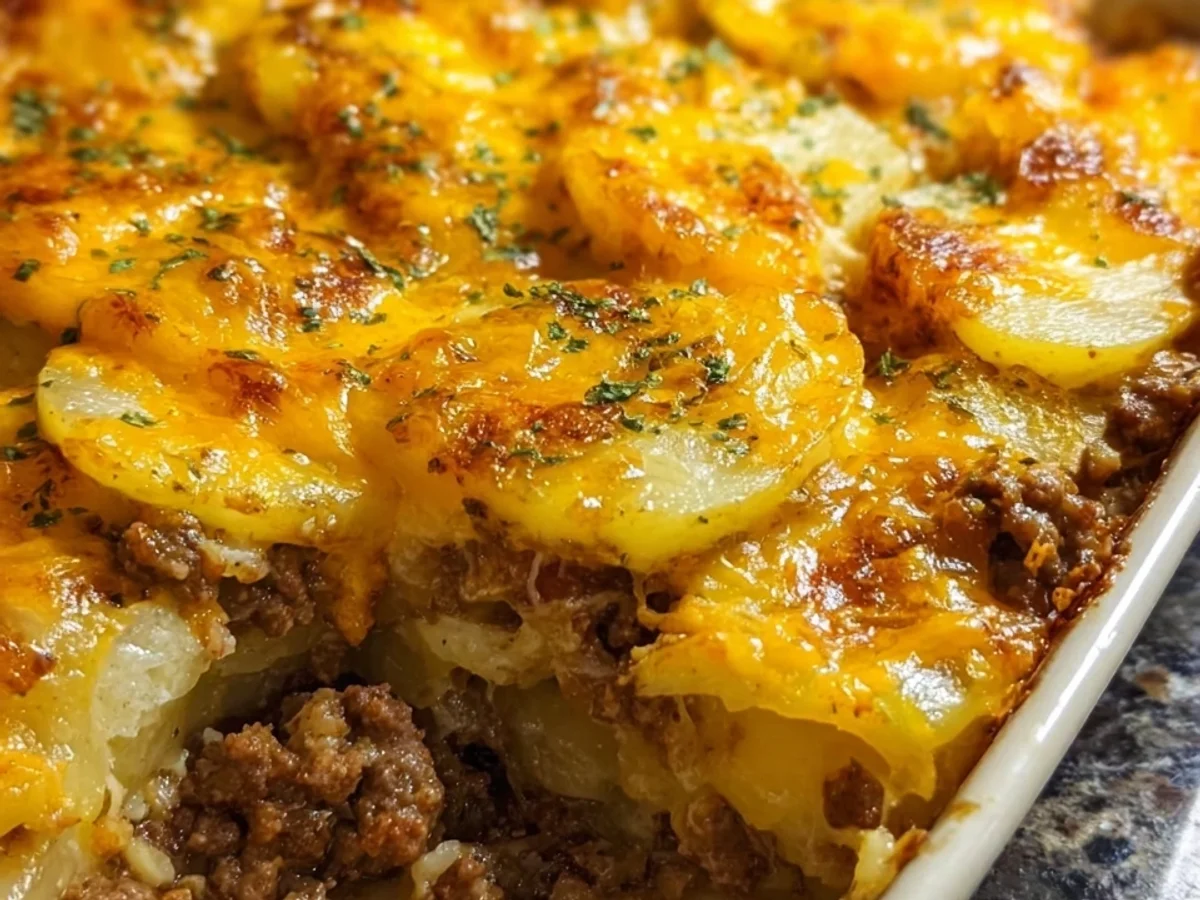 Hearty Cheesy Hamburger Potato Casserole - Featured Image