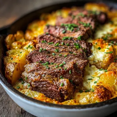 Hearty Garlic Butter Steak Cheddar Potato Bake