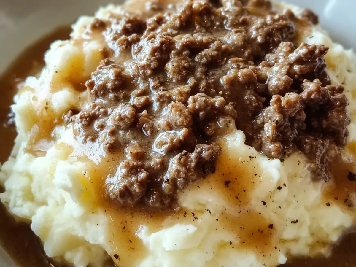 Hearty Hamburger Gravy Over Creamy Mashed Potatoes - Featured Image