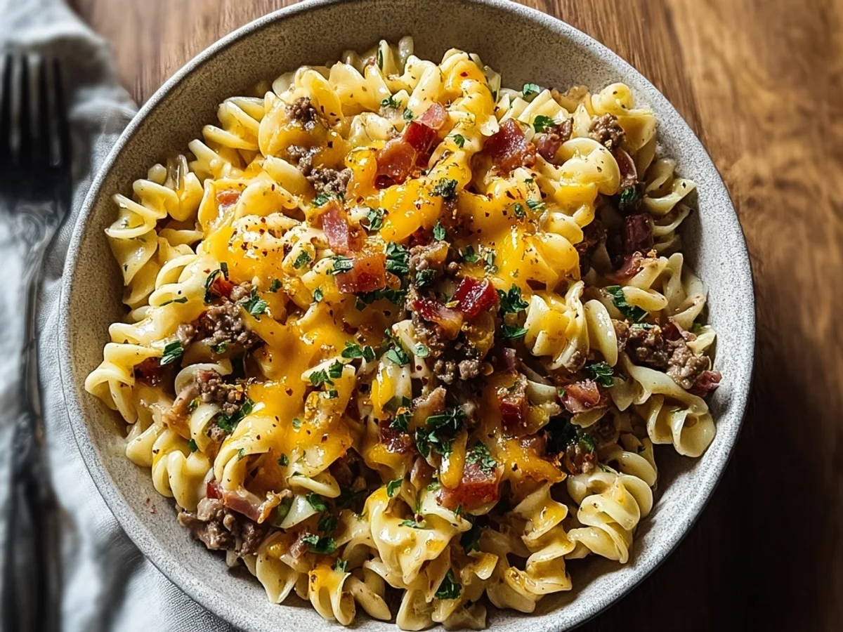 Hearty Loaded Turkey Ham Cheeseburger Pasta - Featured Image
