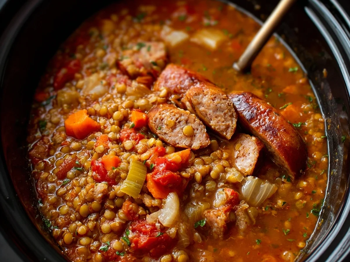 Hearty Slow Cooker Beef Sausage & Lentil Soup - Featured Image
