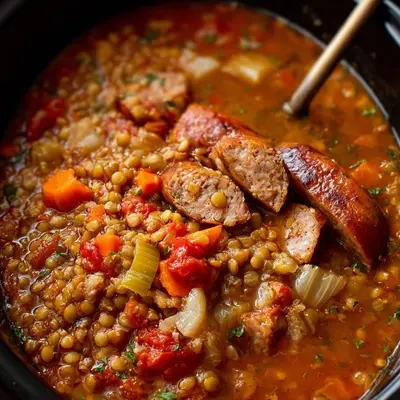 Hearty Slow Cooker Beef Sausage & Lentil Soup