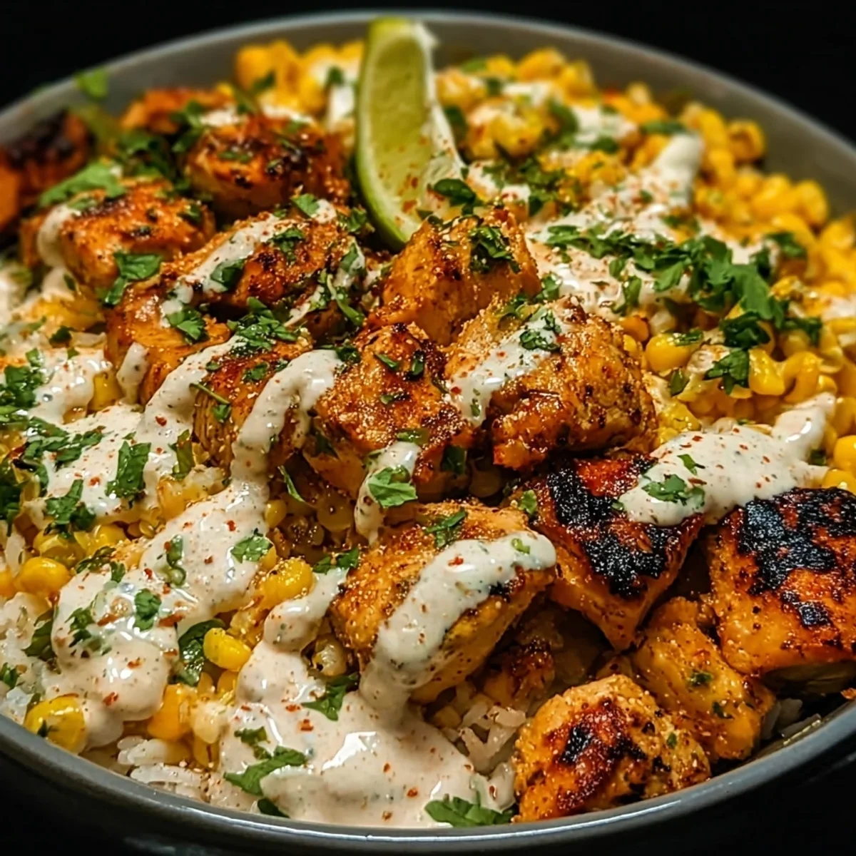 High Protein Street Corn Chicken Rice Bowl