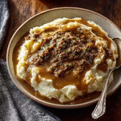 Homestyle Hamburger Gravy Over Mashed Potatoes