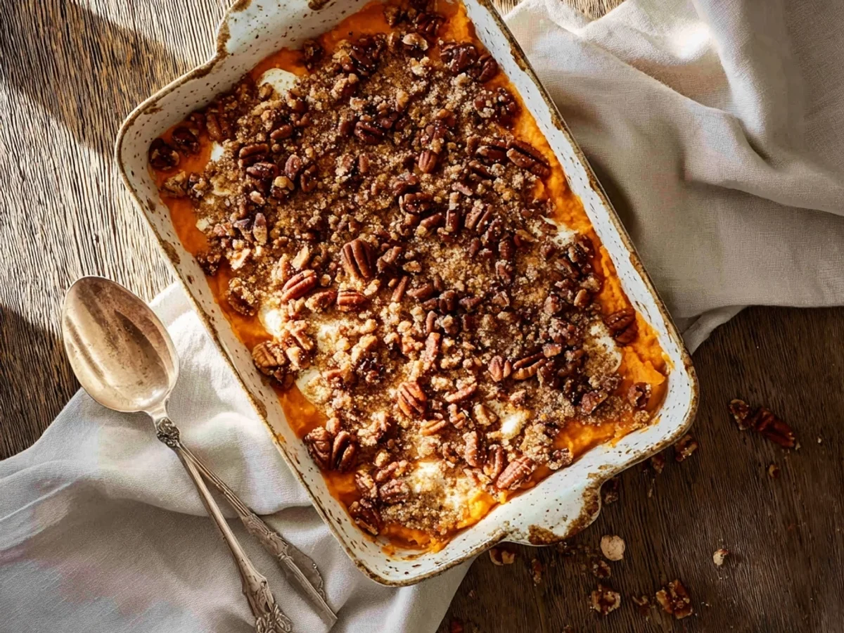 Homestyle Sweet Potato Casserole Recipe with Pecan Topping - Featured Image