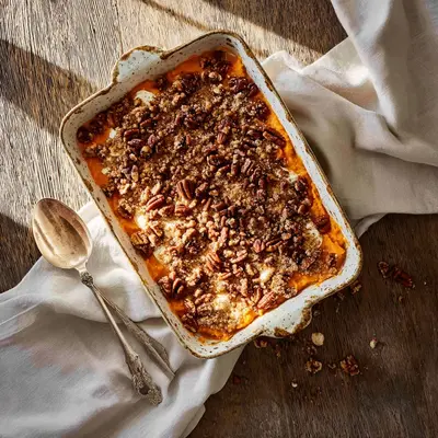 Homestyle Sweet Potato Casserole Recipe with Pecan Topping