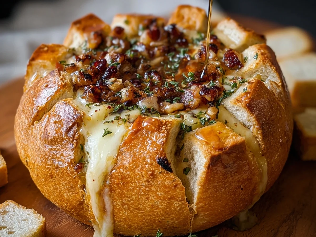 Hot Honey Baked Brie Bread Bowl Appetizer - Featured Image