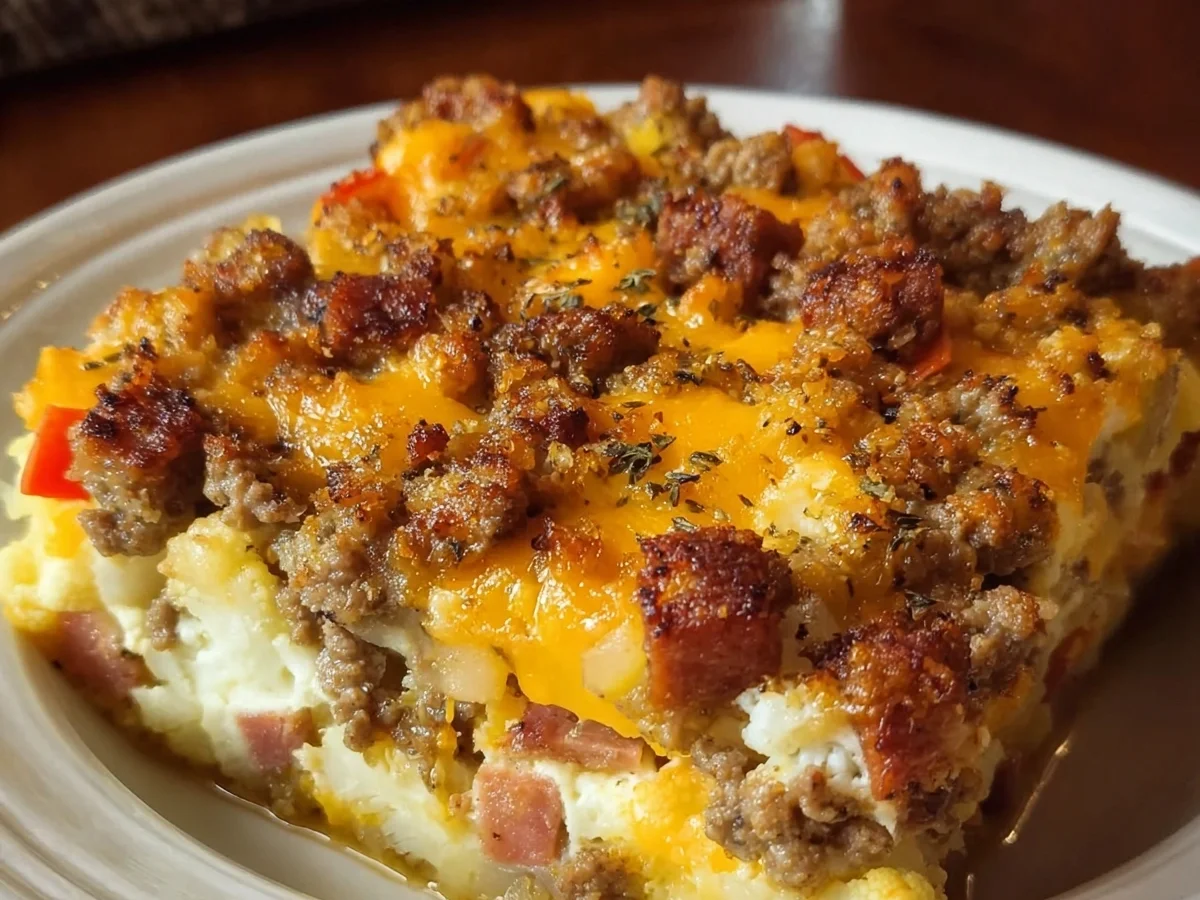Low Carb Turkey Ham Cheeseburger Casserole - Featured Image