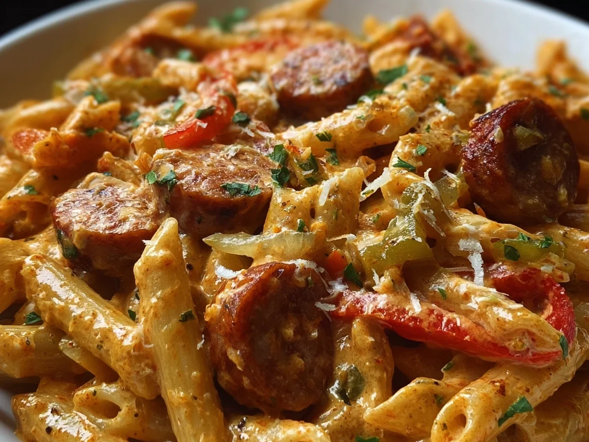 One-Pot Creamy Spicy Cajun Beef Sausage Pasta - Featured Image