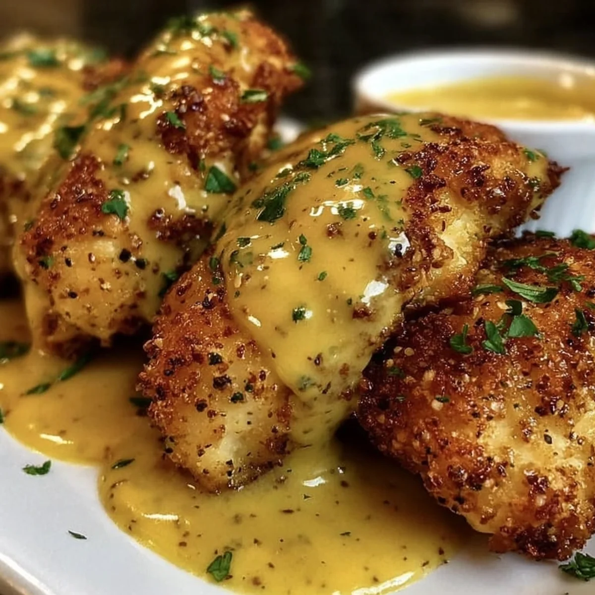 Pretzel Chicken with Tangy Mustard-Cheddar Sauce