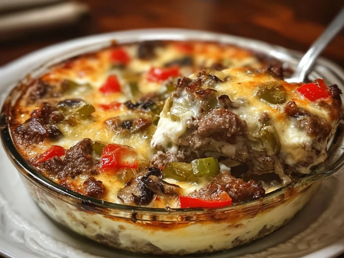 Protein Low Carb Philly Cheesesteak Casserole - Featured Image