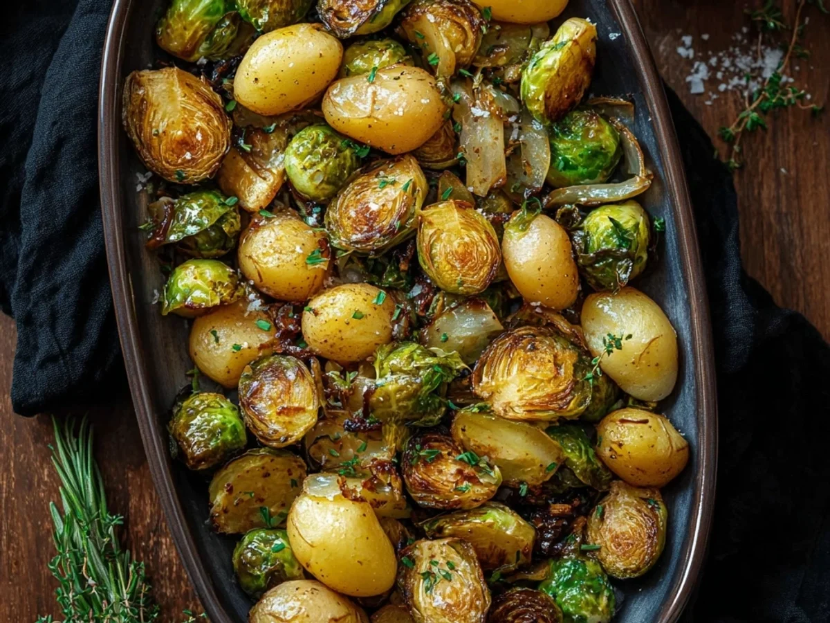 Rustic Garlic Brussels Sprouts and Potatoes Bake - Featured Image