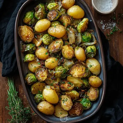 Rustic Garlic Brussels Sprouts and Potatoes Bake
