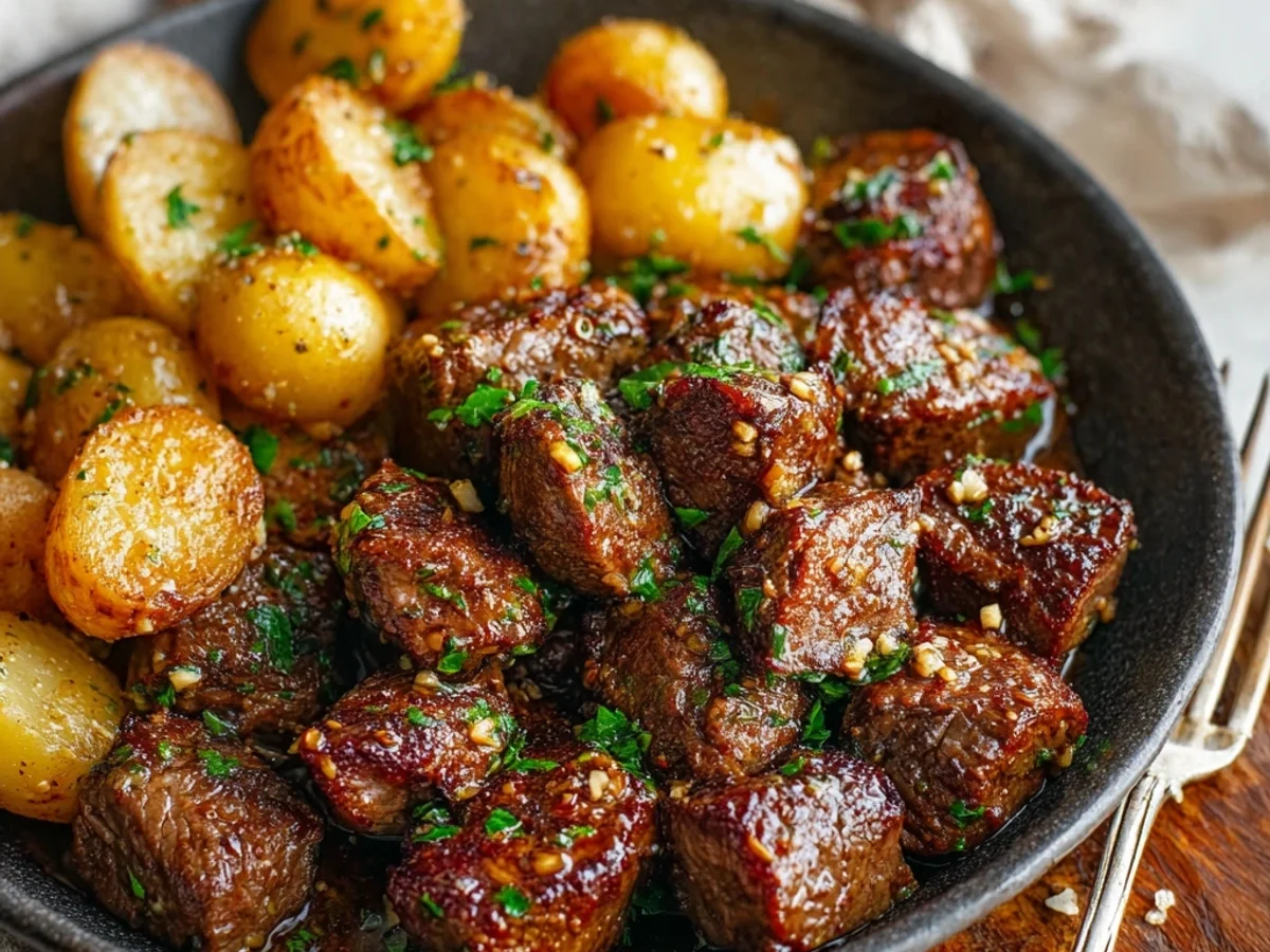 Skillet Garlic Steak Bites and Potatoes - Featured Image