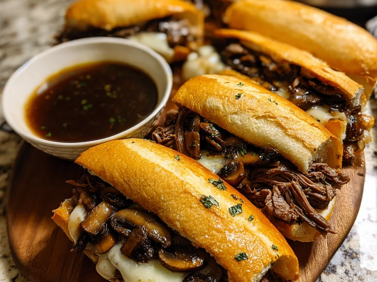 Slow Cooker French Dip Sandwiches with Garlic Mushrooms - Featured Image