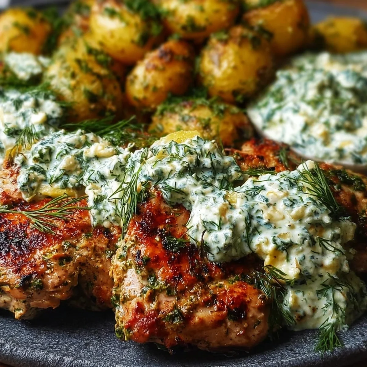 Spicy Yogurt Chicken Thighs with Dill Feta Cream