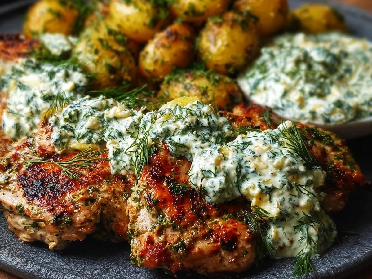 Spicy Yogurt Chicken Thighs with Dill Feta Cream - Featured Image