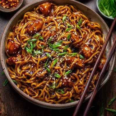 Sweet & Savory Sticky Garlic Chicken Noodles