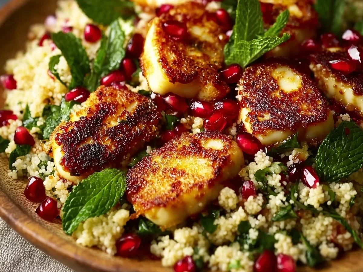 Tangy Halloumi Pomegranate Couscous Salad - Featured Image